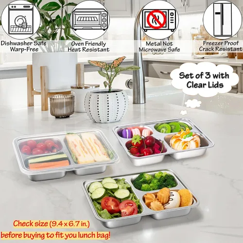Vista 6 de Recipientes de acero inoxidable con tapas de plástico, 3 unidades, cajas Bento de 3 compartimentos, grandes y reutilizables para preparar comidas