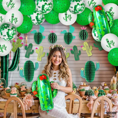 Vista 7 de KatchOn, Juego de decoraciones de fiesta de cactus, 30 unidades, globos de cactus, panal de abeja, pancarta de cactus Decoraciones de cumpleaños