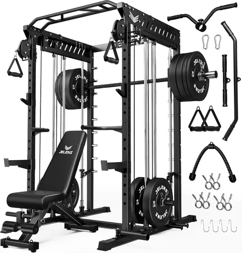 Vista 17 de JELENS M21 - Máquina Smith, jaula de potencia multifunción con sistema de cruce de cable de polea doble, banco de sentadillas todo en uno de 907 kg