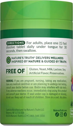 Vista 7 de Nature's Truth Biotin 5000mcg 78 tabletas de disolución rápida Sabor natural de bayas Vegano, sin OMG y sin gluten