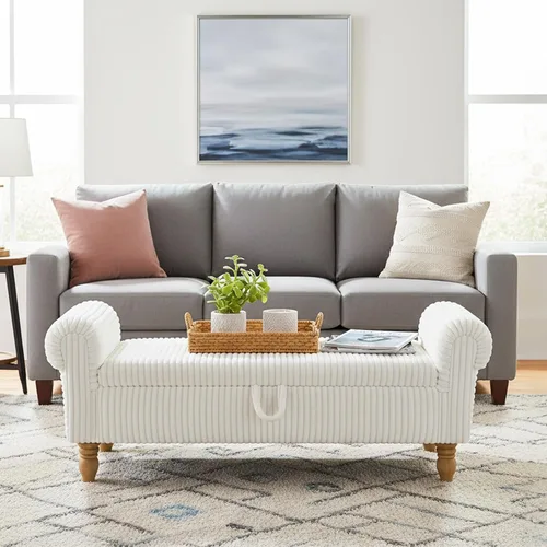 Vista 9 de Banco tapizado de pana de 55 pulgadas con brazos enrollados para dormitorio, color blanco