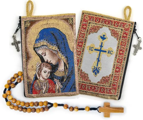 Vista 22 de Bolsa de rosario con cuerda católica de madera de olivo, rosario de Israel, Jesús Rey del Universo y creo en Dios, tela tejida, estilo tapiz, bolsa