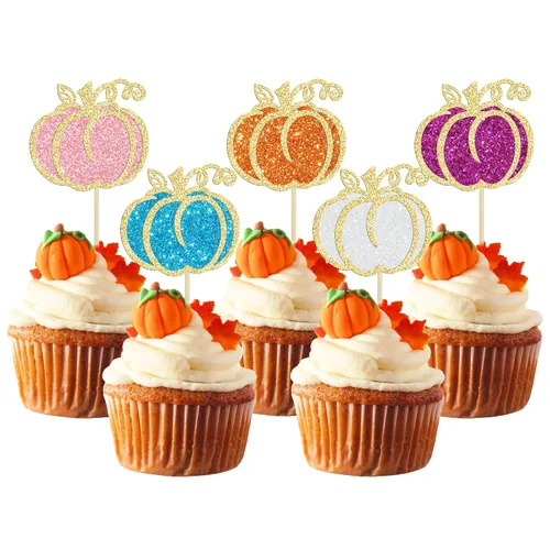 Vista 28 de Gyufise 24 piezas de decoración de cupcakes de calabaza con purpurina para temática de otoño, Acción de Gracias, Halloween, baby shower, niños