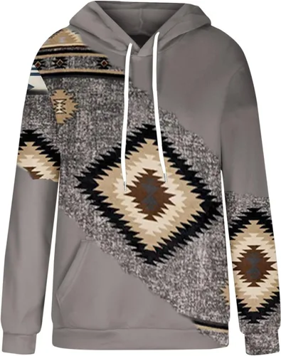 Vista 4 de DOLKFU Sudadera con capucha geométrica azteca occidental para mujer, suéter de manga larga, estilo vintage, casual