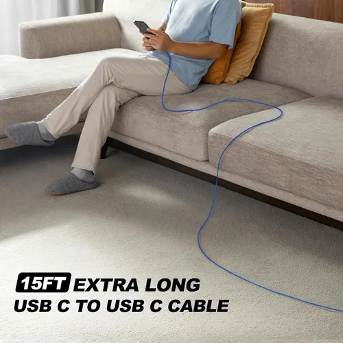 Vista 5 de Cargador USB C extralargo de 15 pies, cable C a C de 100 W, cable USB-C de Azul