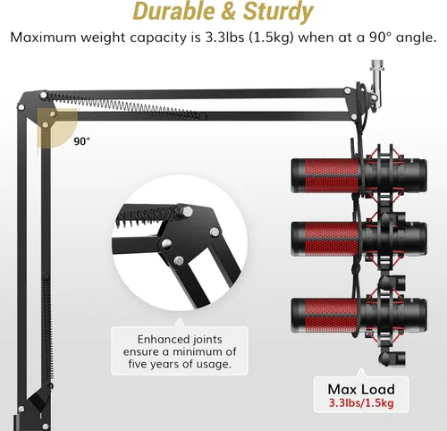Vista 4 de TONOR Brazo de brazo de micrófono, brazo de micrófono ajustable con filtro pop extra grande, adaptador de tornillo de 3/8 pulgadas y 5/8 pulgadas