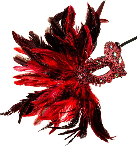 Vista 2 de Máscara veneciana veneciana de lujo para mujer con plumas laterales - rojo, Rojo