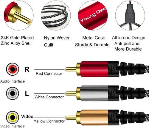 Vista 2 de Cable RCA de audio y video de 6 pies, Yeung Qee 3RCA macho a 3RCA macho compuesto AV cable compatible con decodificador, altavoz, amplificador