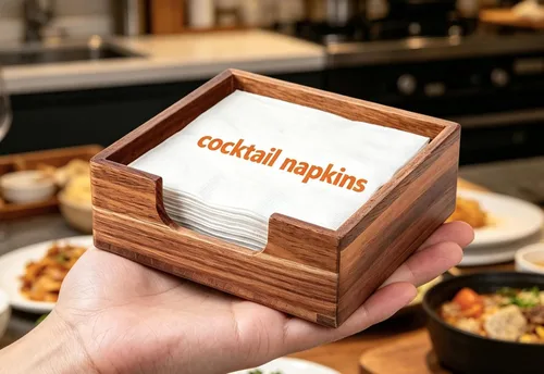 Vista 2 de Servilletero de cóctel de acacia para mesa, servilletero de madera, bandeja cuadrada plana para servilletas de bebidas, portaservilletas de cóctel