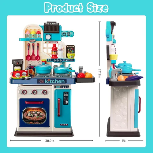 Vista 7 de Juego de cocina para niños, 53 piezas, estufa de cocina, fregadero de juego, horno, juguetes de cocina con luces y sonidos realistas, juguetes