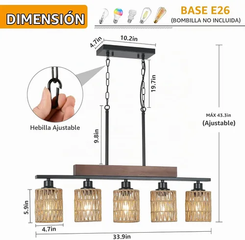 Vista 2 de Candelabros de ratán para comedor, iluminación de isla de cocina bohemia, lámpara lineal de 5 luces, lámpara colgante rectangular, candelabros