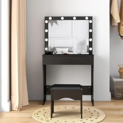 Vista 2 de Panana Escritorio de tocador con espejo y luces, negro, tamaño mediano, soporte de mesa, mesa de tocador de maquillaje con taburete, dormitorio
