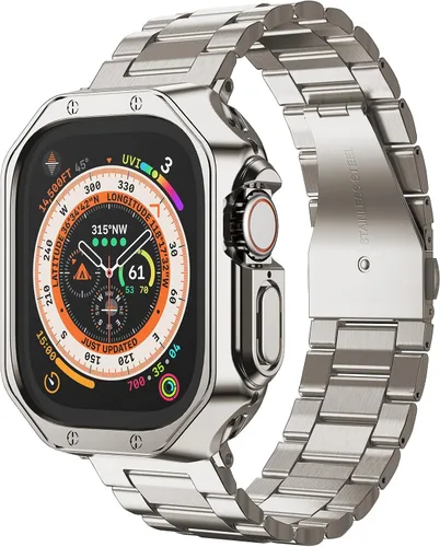 Vista 19 de Compatible con Apple Watch Banda y Estuche, Cadena de Metal de Acero Inoxidable con Cubierta de TPU, Correa de Pulsera de Eslabones