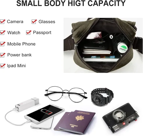 Vista 6 de Bolso cruzado para hombre, bolso lateral para hombre, bolso de hombro para hombres y mujeres, pequeño bolso de mensajero de lona para teléfono