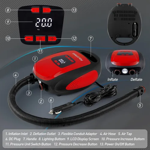 Vista 3 de Polotrag Bomba de tabla de remo, bomba eléctrica SUP, compresor de aire portátil profesional de 20 PSI con apagado automático, función