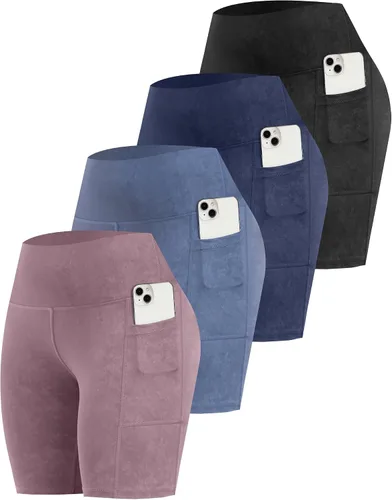 Vista 14 de CHRLEISURE - Pantalones cortos de ciclismo para mujer con bolsillos de licra, cintura alta, con control de abdomen para entrenamiento, yoga