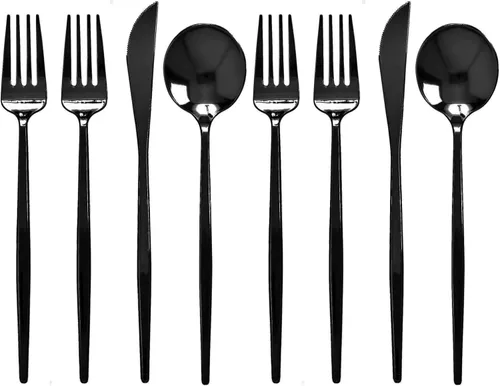 Vista 12 de Juego de cubiertos desechables de diseño moderno para vacaciones, juego de cubiertos de plástico para 24-24 cucharas de plástico, 24 cuchillos, 48
