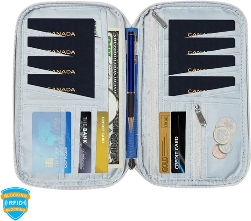 Vista 2 de Etercycle Fundas de pasaporte con bloqueo RFID, cartera de viaje familiar para parejas, mujeres y hombres, Azul, Moderno