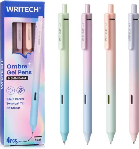 Vista 8 de WRITECH Bolígrafos de gel de punta fina: 0.5mm, 4 unidades, bolígrafo retráctil con clic, tinta negra, color estético degradado, cañón suave