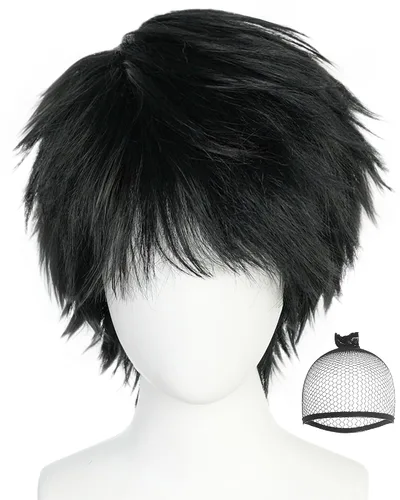 Vista 10 de Peluca corta marrón oscuro para hombre, peluca de anime marrón