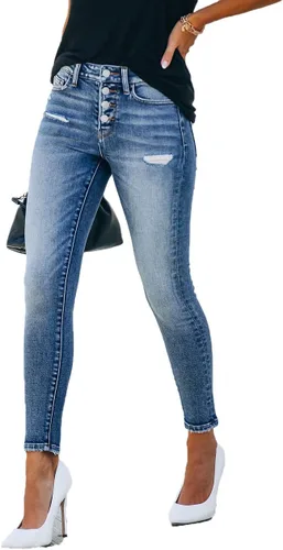 Vista 5 de Allimy Jeans de tiro alto, ajustados y elásticos para mujer, diseño de mezclilla, desgastados y rasgados