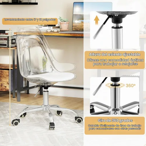 Vista 6 de GIANTEX Juego de 2 sillas de escritorio de acrílico transparente, modernas sillas de oficina en casa con cojín y ruedas de piel sintética, silla