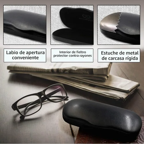 Vista 3 de MyEyeglassCase Men's Medium Glasses Case - Classic Eyeglasses Hard Shell Holder, Elegant Easy Open Lip with Pouch and Cloth As196 Negro Con Tela