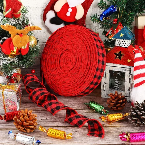 Vista 5 de Chuangdi Cinta de franela con alambre rojo y negro, 50 yardas, decoración de regalo de graduación para bricolaje, festivales, granja, árbol