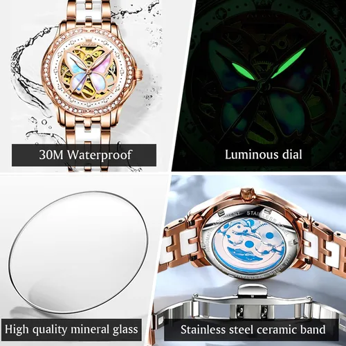 Vista 6 de OLEVS Reloj de moda para mujer, relojes automáticos para mujer, de cuerda automática, de cerámica, acero inoxidable, impermeable, luminoso, diamantes