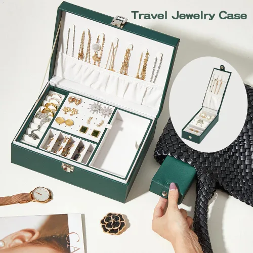 Vista 4 de BUTI4WLD Joyero, organizador de joyería de 2 capas con estuche de joyería de viaje, organizador de cuero sintético para aretes, anillos, collares