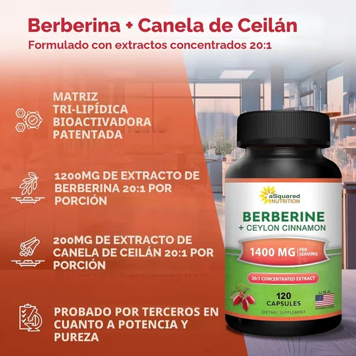 Vista 4 de aSquared Nutrition Suplemento de Berberina con Canela de Ceilán - Complejo de Máxima Potencia de 1400mg - 120 Cápsulas - Extracto en Polvo HCl