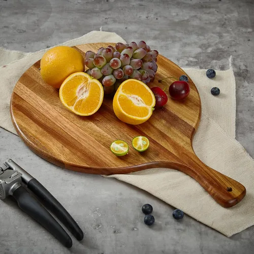 Vista 4 de Tabla de cortar redonda de madera de acacia con asa - Tabla de charcutería de madera, tabla de cortar y servir versátil para pizza, pan, queso