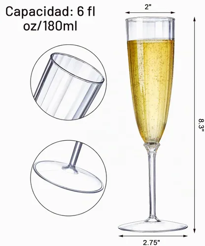 Vista 2 de Tosnail Paquete de 18 copas de champán de plástico de 6 onzas, diseño de una pieza, copas de vino de plástico desechables transparentes