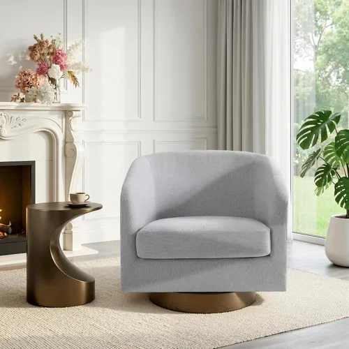 Vista 32 de Silla Giratoria de Acento de Cuero Sintético con Base de Madera, Sillas de Barril Tapizadas Modernas para Sala de Estar, Cómodo Sillón Redondo Sofá