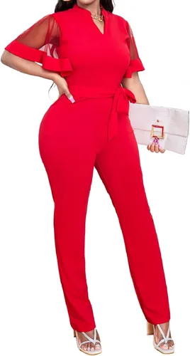 Vista 4 de Oxgmoky Overol elegante de negocios con cuello en V y cremallera de manga larga sexy con tirantes rectos, pantalones largos con bolsillos