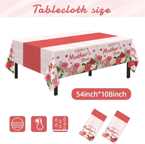 Vista 5 de Childom Decoraciones del Día de la Madre para fiestas, 132 platos desechables para el Día de la Madre, mantel, tazas, cuchillos, cucharas, tenedores