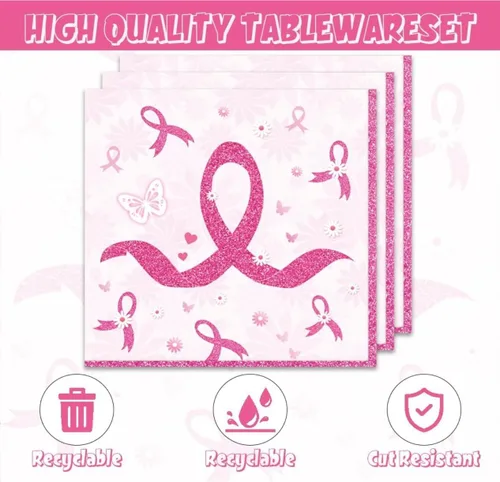 Vista 3 de 48 piezas de decoraciones para fiesta del cáncer de mama incluyen platos, servilletas, decoraciones para fiesta libres de cáncer para servir a 24