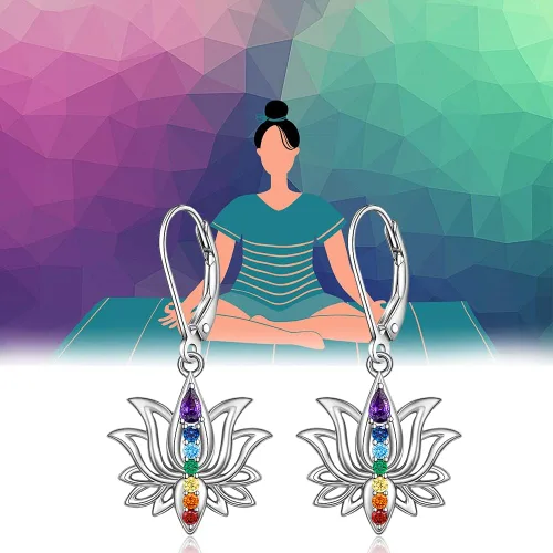 Vista 9 de Aretes de chakras, flor de loto, conejo, voleibol, 7 piedras de chakra, aretes colgantes para mujer, aretes colgantes de cristal curativo para yoga