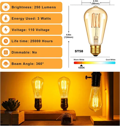 Vista 4 de Bombillas Edison vintage de 25 vatios incandescentes iguales 3W bombilla St58-1800k