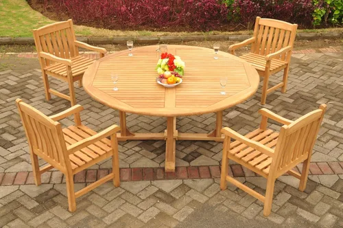 Vista 3 de 4 plazas grade-a Madera de teca 5 pieza conjunto de comedor: 72" Ronda mesa de comedor y sillas de Devon Brazo/Capitán