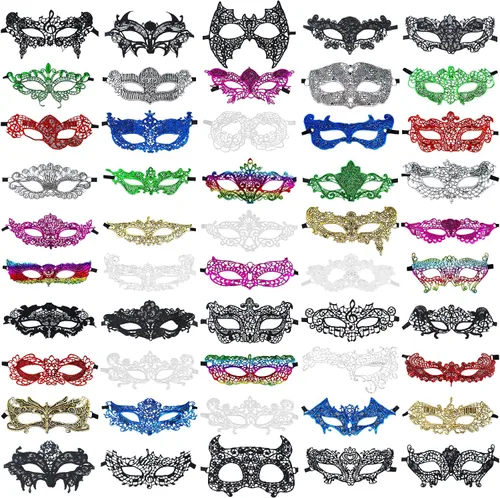Vista 8 de Chivao 50 máscaras de encaje venecianas para mascarada, máscara de Mardi Gras, máscaras flexibles para carnaval, cumpleaños, día de San Valentín