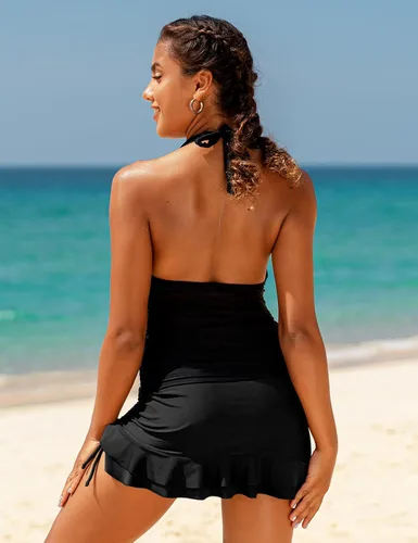 Vista 7 de Hilor - Parte superior de tankini para natación, con cuello profundo en V y halter, drapeado, para mujer
