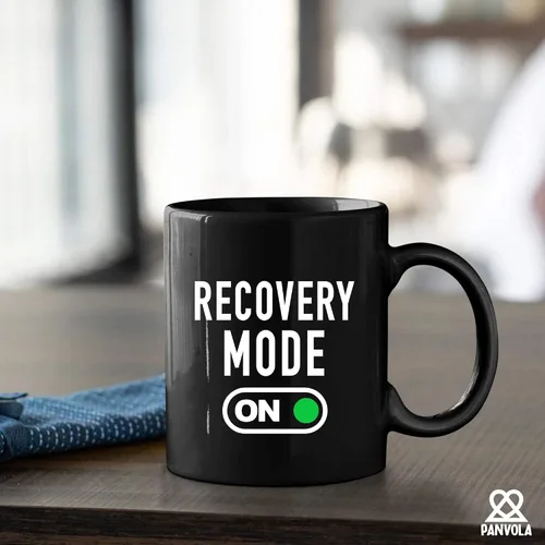Vista 5 de Taza de café Recovery Mode On Get Well de regalo para pacientes, regalos inspiradores motivacionales para familiares y amigos, vaso de cerámica Negro