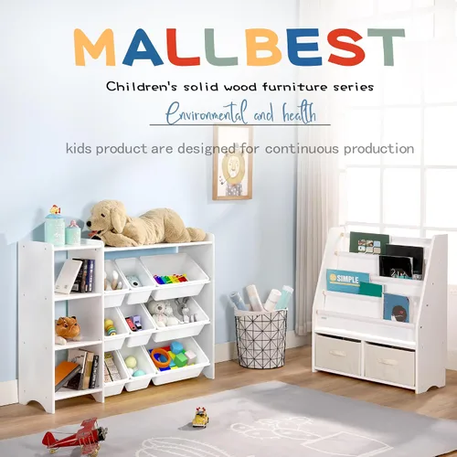 Vista 11 de MallBest Estante organizador de almacenamiento de juguetes para niños de 4 niveles, 100% madera maciza, armario de almacenamiento para niños con 9