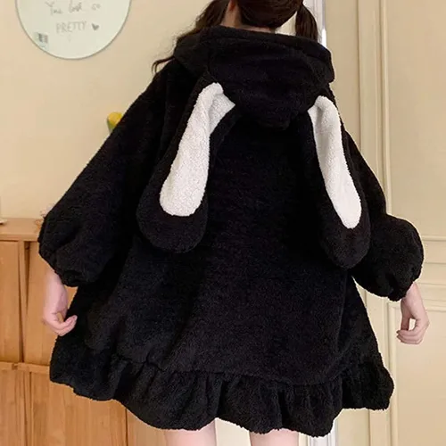 Vista 3 de Kingspinner Lolita Dress Kawaii - Abrigo de felpa suave con capucha para mujeres, adolescentes, niñas, orejas de conejo, manga larga, chaqueta suelta