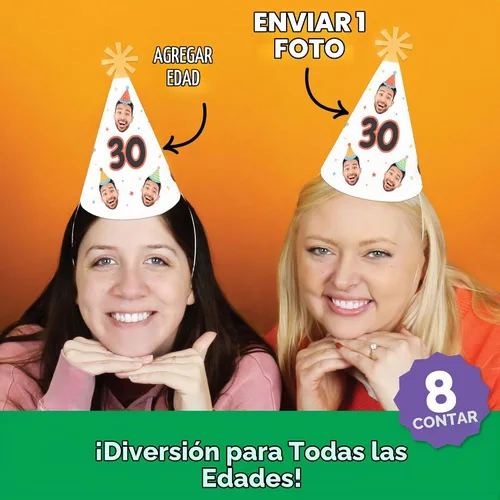 Vista 2 de Sombreros de cono de cumpleaños coloridos con foto y texto personalizados