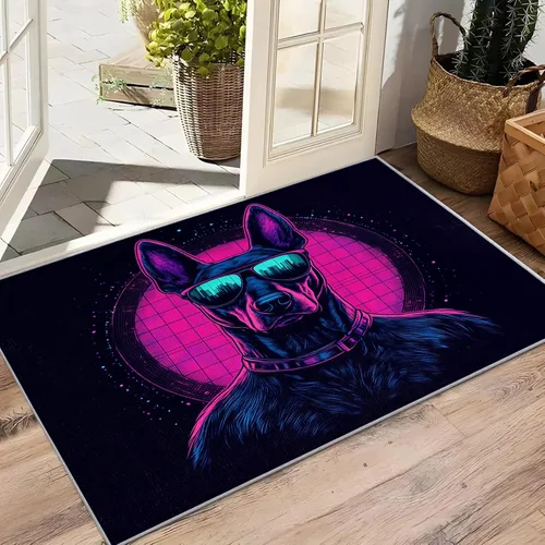 Vista 5 de Alfombras de neón para sala de juegos, alfombra de 2 x 3, alfombra de área Doberman, alfombra retro Cyberpunk lavable antideslizante, alfombra