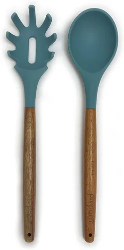 Vista 13 de Prepara Juego de 2 cucharones de sopa y cuchara ranurada de acacia y silicona, color verde espuma de mar