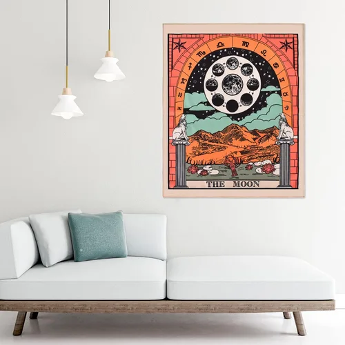 Vista 5 de ZeeDix Paquete de 4 Tapices de Cartas de Tarot para Colgar en la Pared, Lindo Arte Bohemio Hippie Espiritual con Sol y Luna, Estrellas, Fuerza