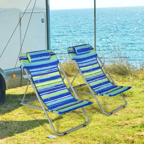 Vista 3 de COSTWAY Juego de 2 sillas de playa portátiles de 3 posiciones con reposacabezas azul